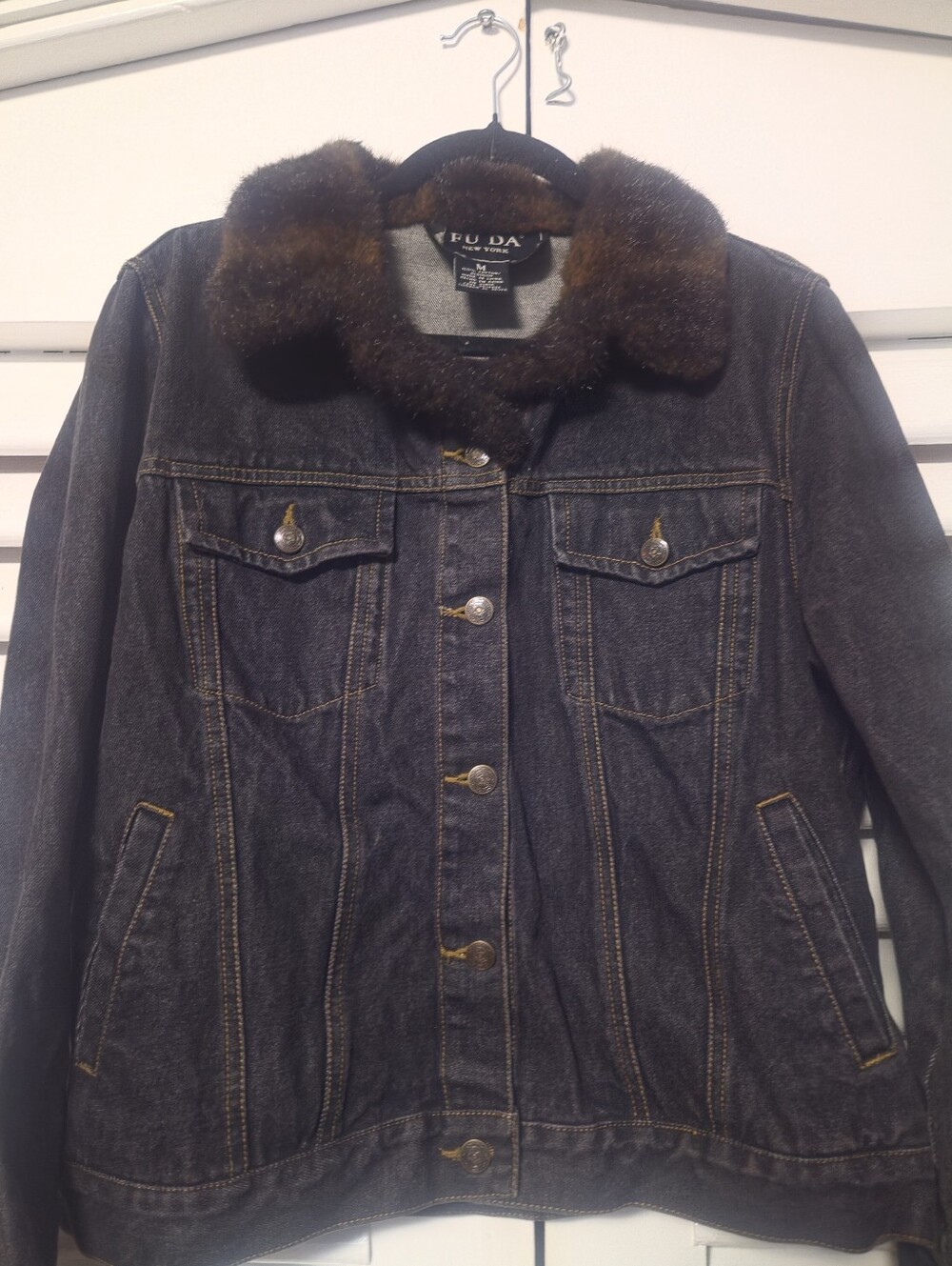 adidas Dark Denim Jean Jacket with Brown Faux Fur Collar